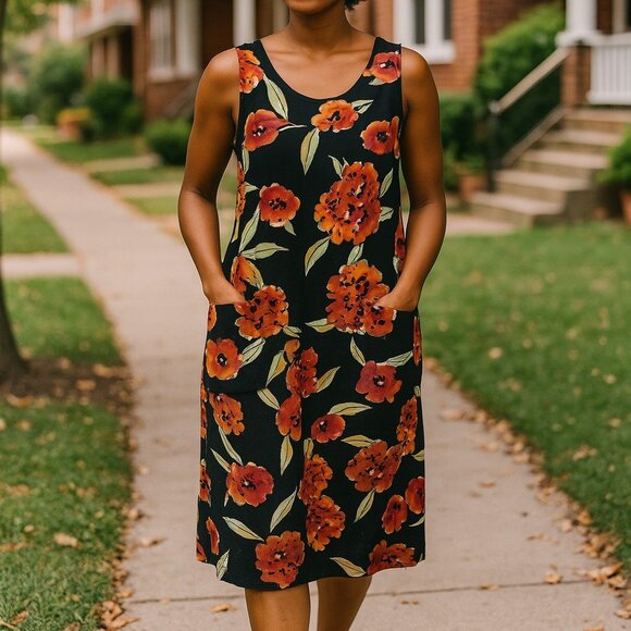 Westbound Petites PS Linen Blend Midi Dress – Black with Bold Floral Print, NWT - Picture 1 of 6